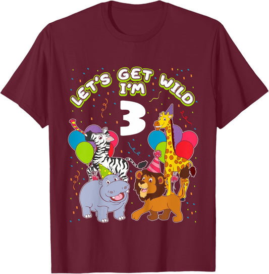 Kids Safari Birthday 3 Zoo Animals Lets get Wild I'm 3 Party Gift T-Shirt - T-Shirt | Maroon