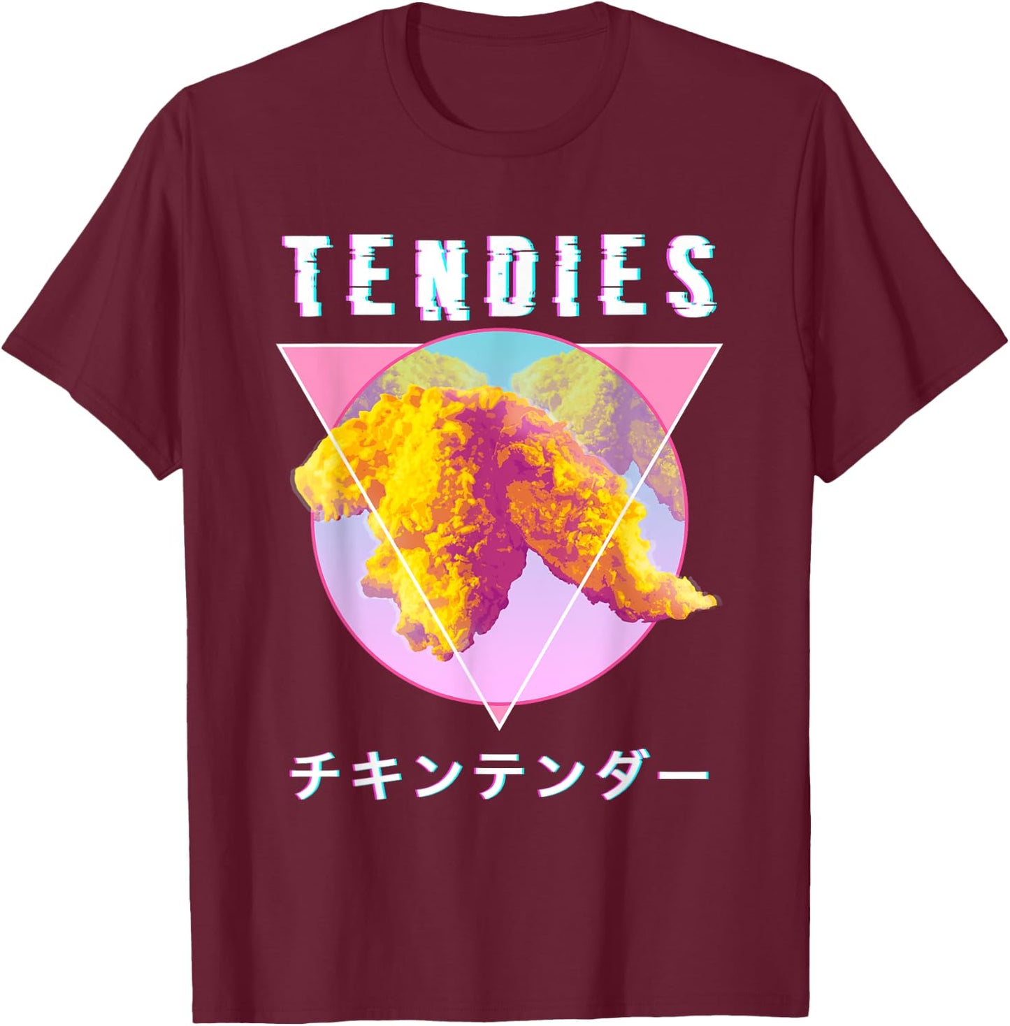 Vaporwave Tendies Chicken Tenders Japanese Kanji Glitch Art T-Shirt - T-Shirt | Maroon