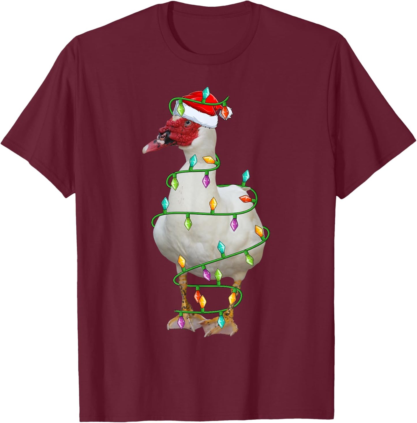 Xmas Lights Santa Hat Muscovy Duck Bird Christmas T-Shirt - T-Shirt | Maroon