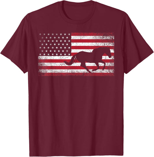 American Flag 4th of July Horse Patriotic Vintage Men Women T-Shirt - T-Shirt | Maroon