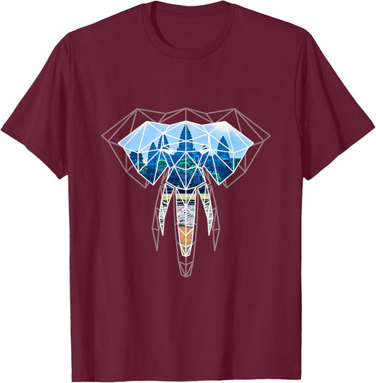 Cambodia Elephant Angkor Geometric Origami Graphic T-Shirt - T-Shirt | Maroon