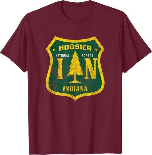 Hoosier National Forest Indiana Shield Retro Vintage Look T-Shirt - T-Shirt | Maroon