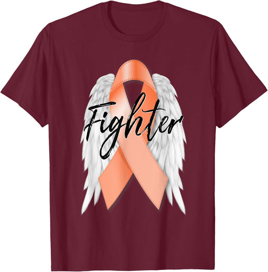 Uterine Cancer Fighter Peach Ribbon Angel Wings Survivor T-Shirt - T-Shirt | Maroon