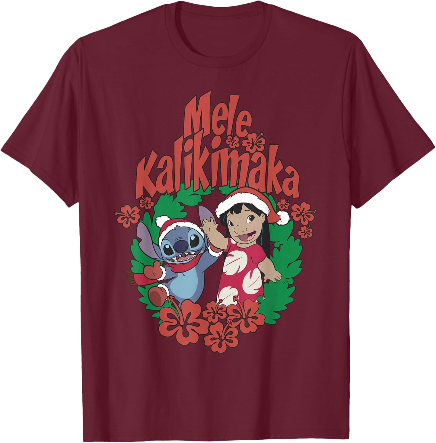 Disney Lilo & Stitch Christmas Mele Kalikimaka Wreath T-Shirt - T-Shirt | Maroon