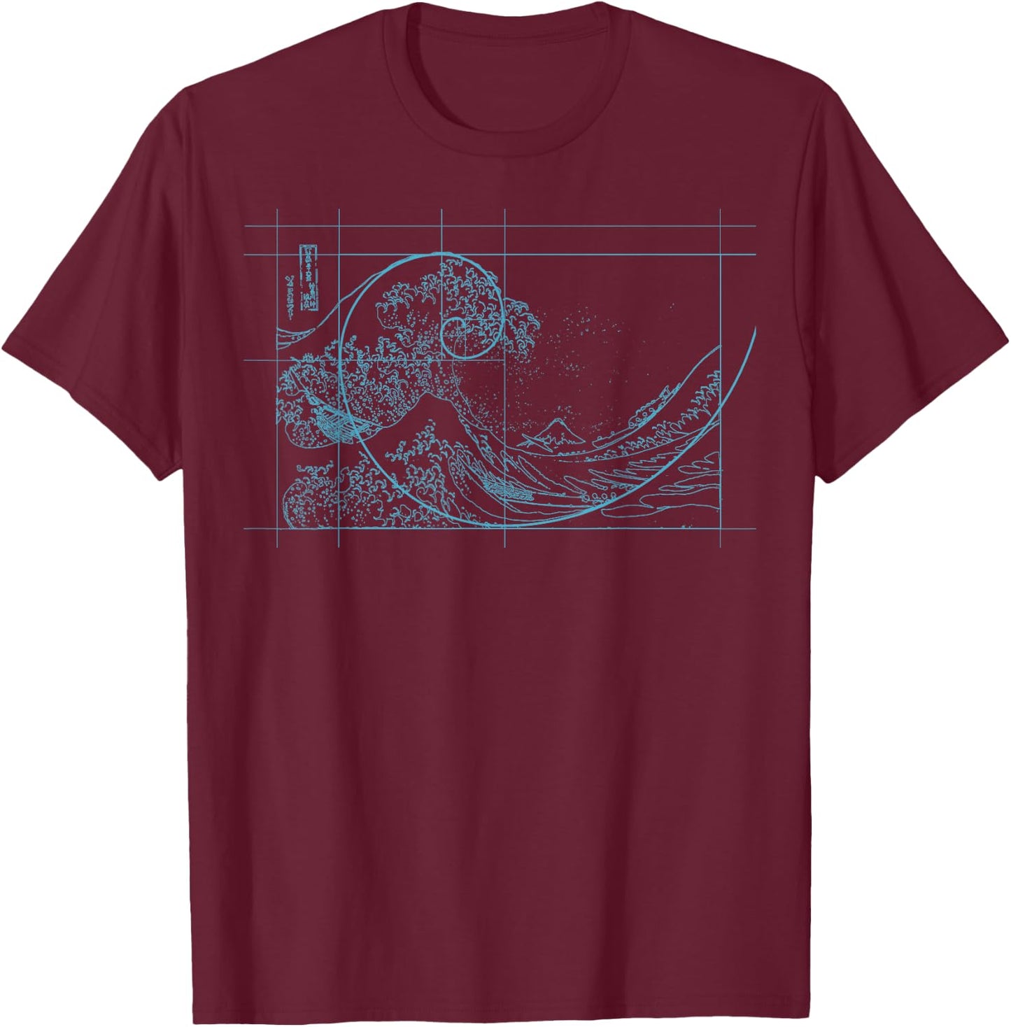 Hokusai Meets Fibonacci, Linear, Blue T-Shirt - T-Shirt | Maroon