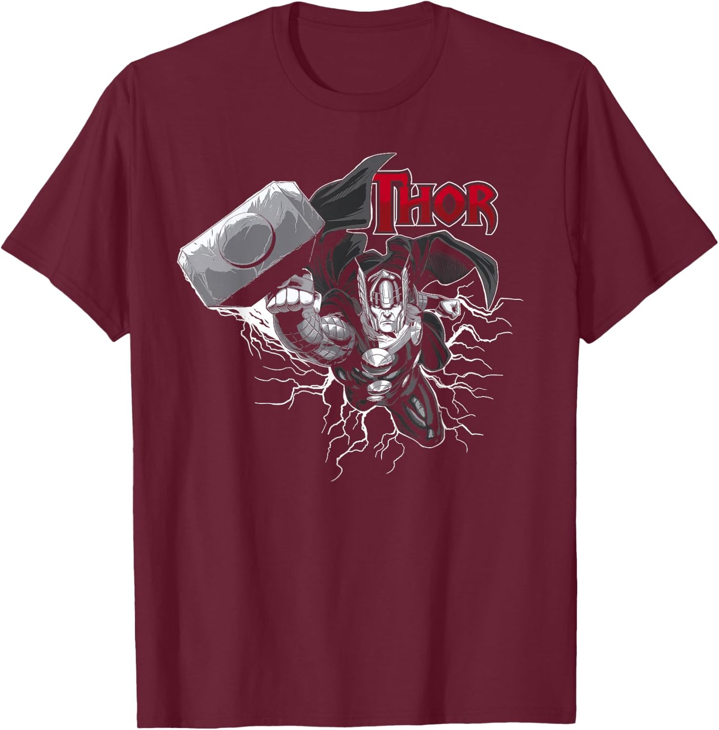 Marvel Thor The Mighty Flying Hammer Lightning Logo T-Shirt - T-Shirt | Maroon