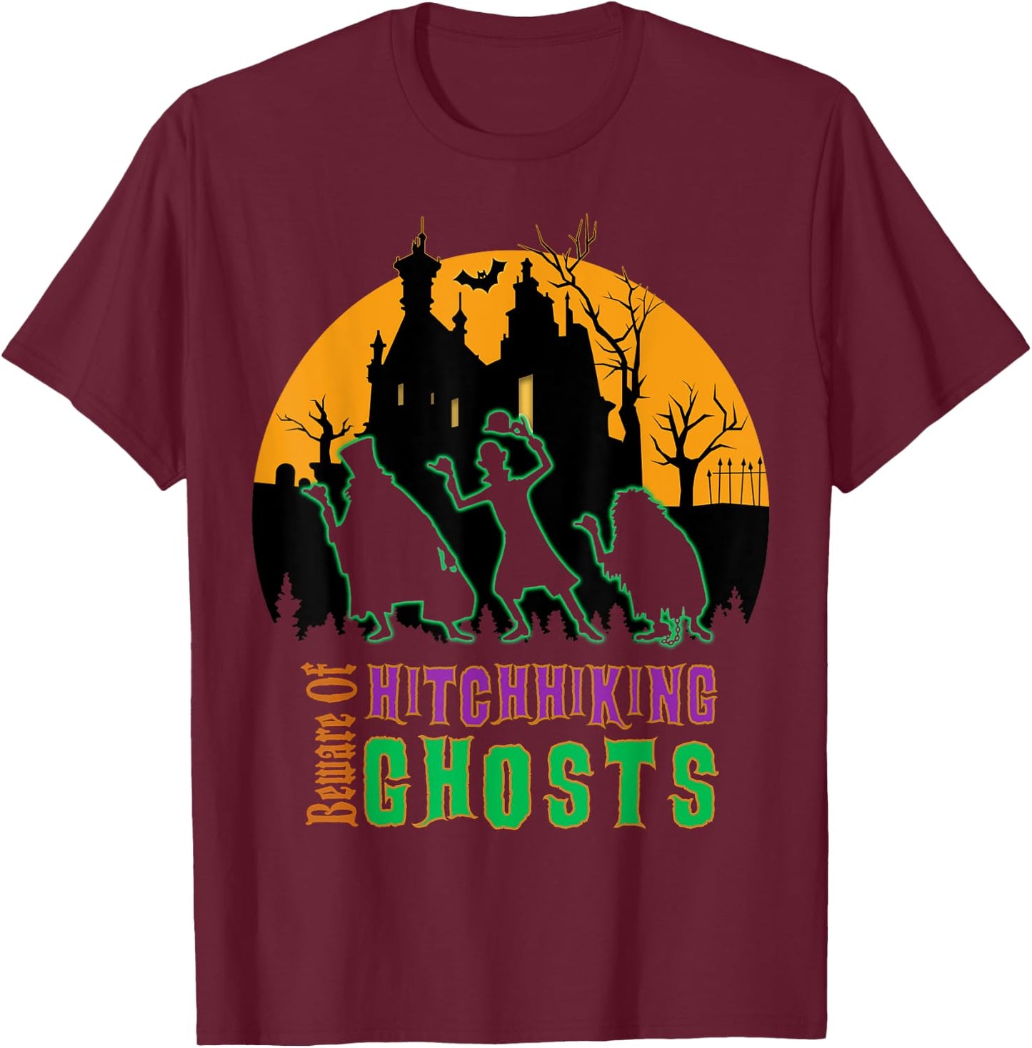 Beware of Hitchhiking Ghosts Halloween T-Shirt - T-Shirt | Maroon