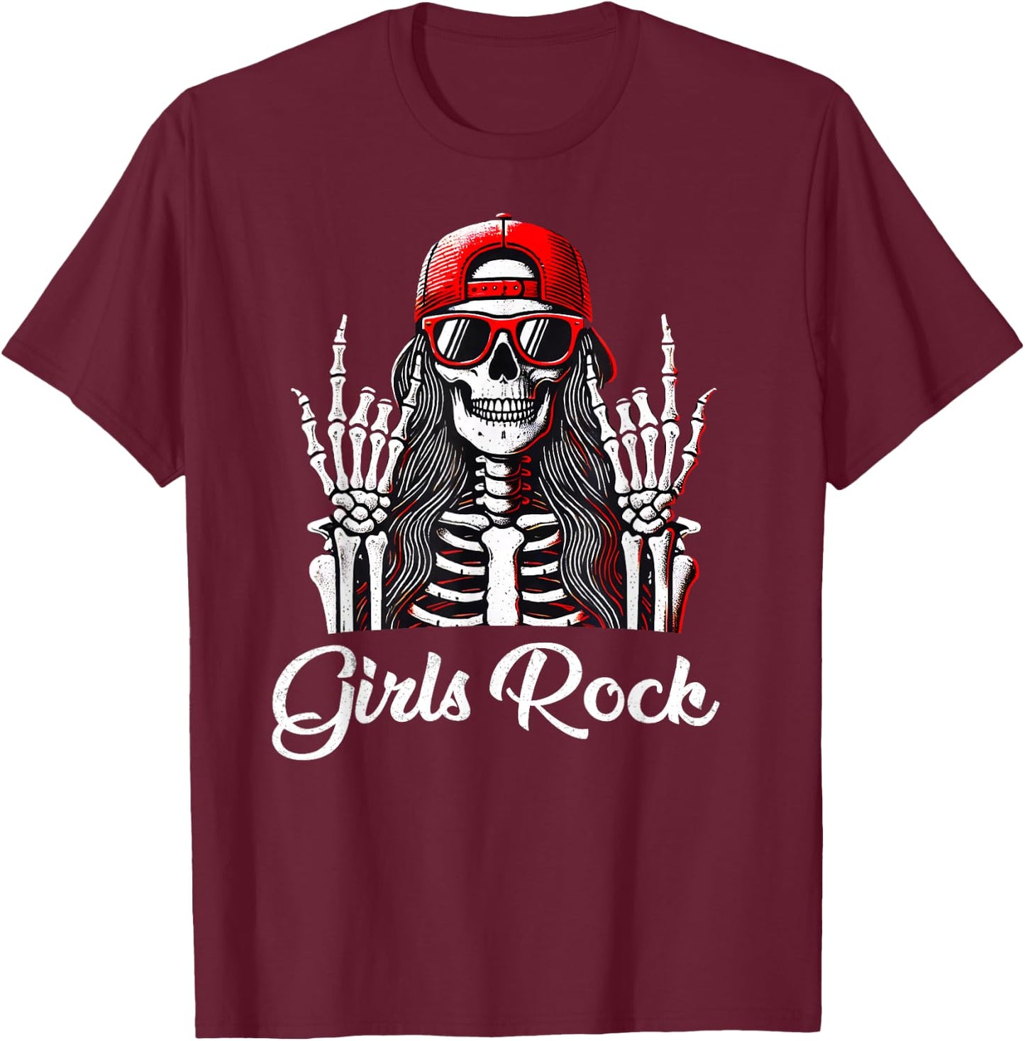 Girls Rock, Rock'n Roll Girl, Skeleton Rocker Cool Punk Rock T-Shirt - T-Shirt | Maroon