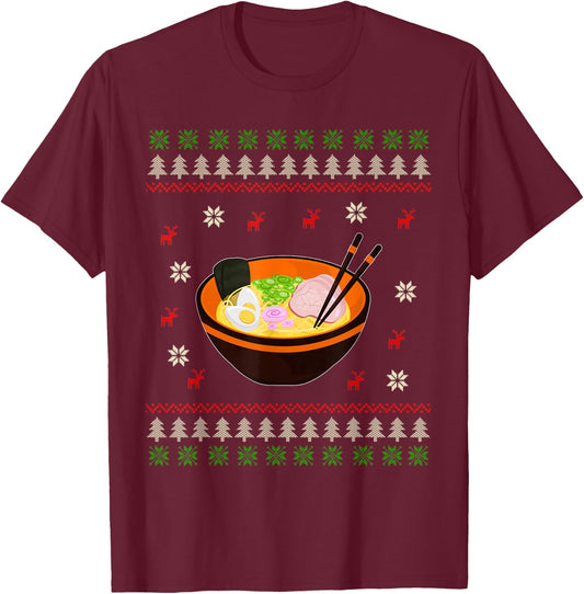 Ugly Christmas Ramen Noodle Anime Kawaii Japanese Ramen Bowl T-Shirt - T-Shirt | Maroon
