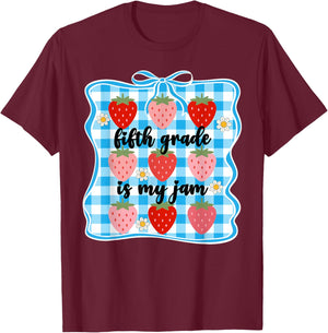 Fifth Grade is My Jam Strawberry Cute 5th Grade Teacher Bow T-Shirt - T-Shirt | Maroon