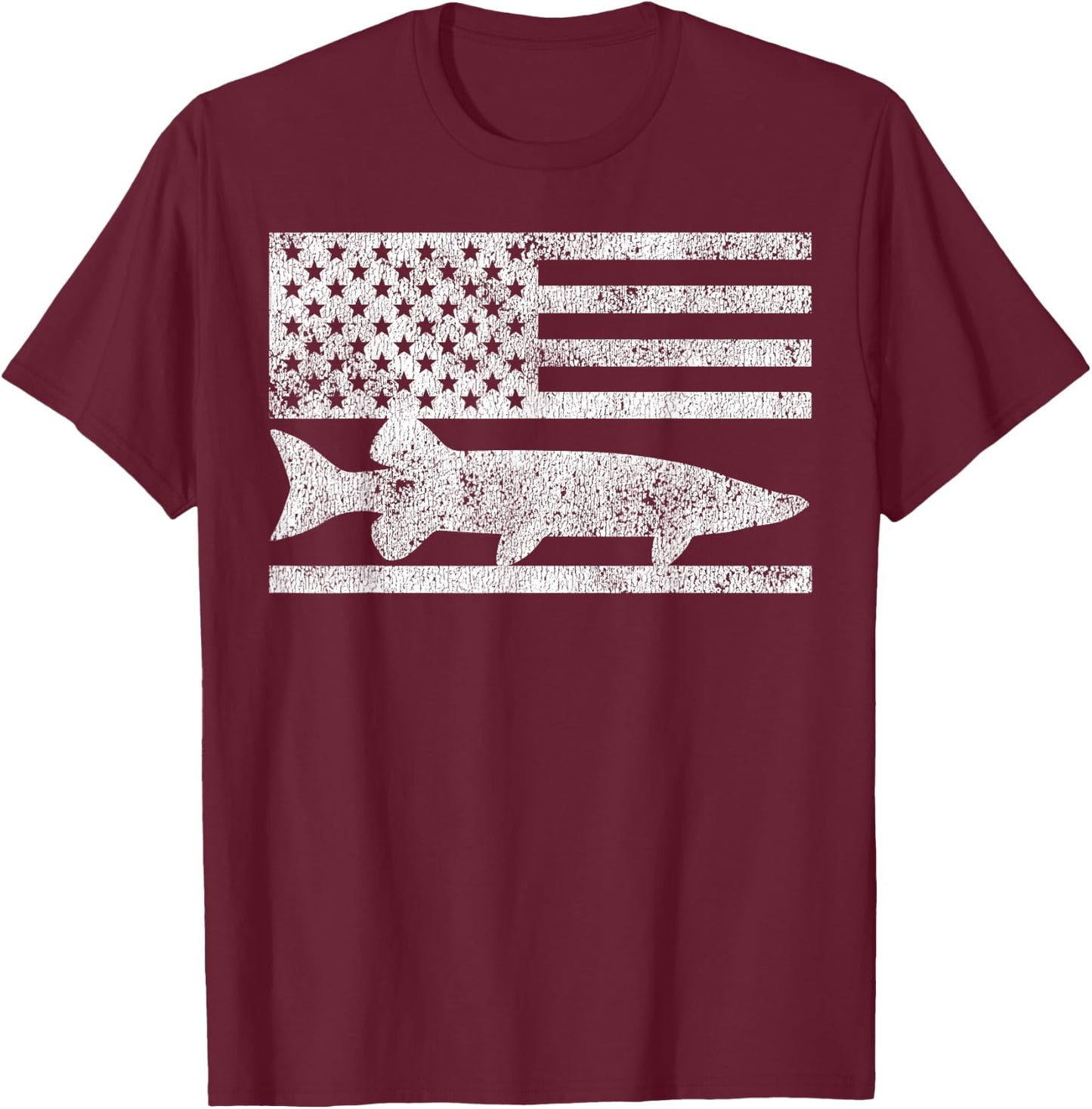 American Flag Musky Fishing Patriotic Muskie T-Shirt - T-Shirt | Maroon
