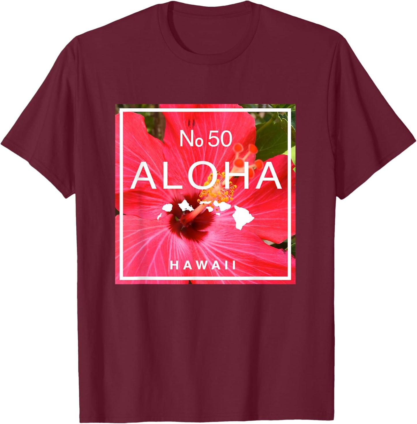 Hawaii Aloha No. 50 Red Hibiscus & Hawaiian Island Map T-Shirt - T-Shirt | Maroon