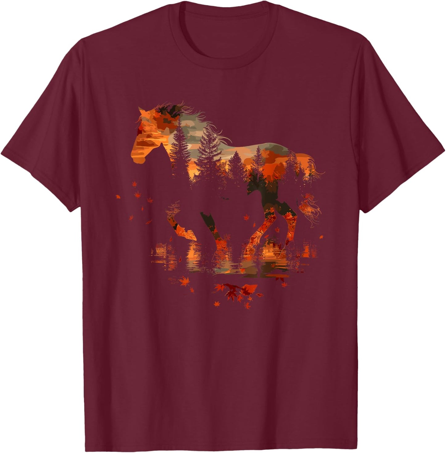 Cute Horse Lover Autumn Leaves Pony Animal Wildlife T-Shirt - T-Shirt | Maroon