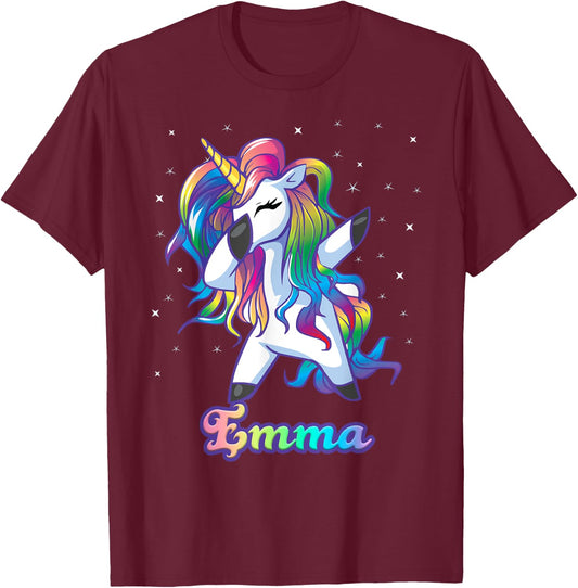 EMMA Name Personalized Custom Rainbow Unicorn Dabbing T-Shirt - T-Shirt | Maroon