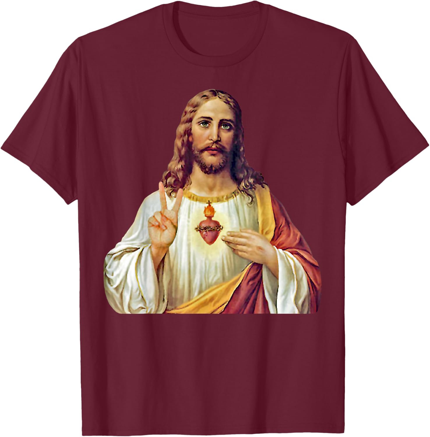 Jesus Christ Sacred Heart Peace Sign Portrait T-Shirt - T-Shirt | Maroon