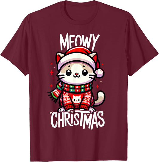 Meowy Christmas Cat Lover Funny Festive Holidays Cute Kitten T-Shirt - T-Shirt | Maroon