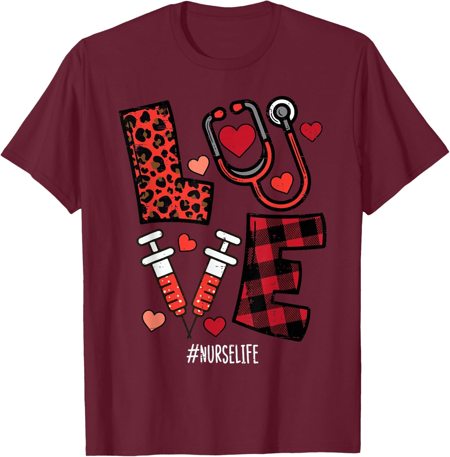 Valentines Day Leopard Plaid Nurse Nursing Scrub Top Women T-Shirt - T-Shirt | Maroon