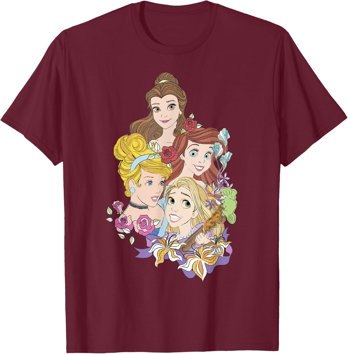 Disney Princess Floral Belle Cinderella Ariel Rapunzel T-Shirt - T-Shirt | Maroon