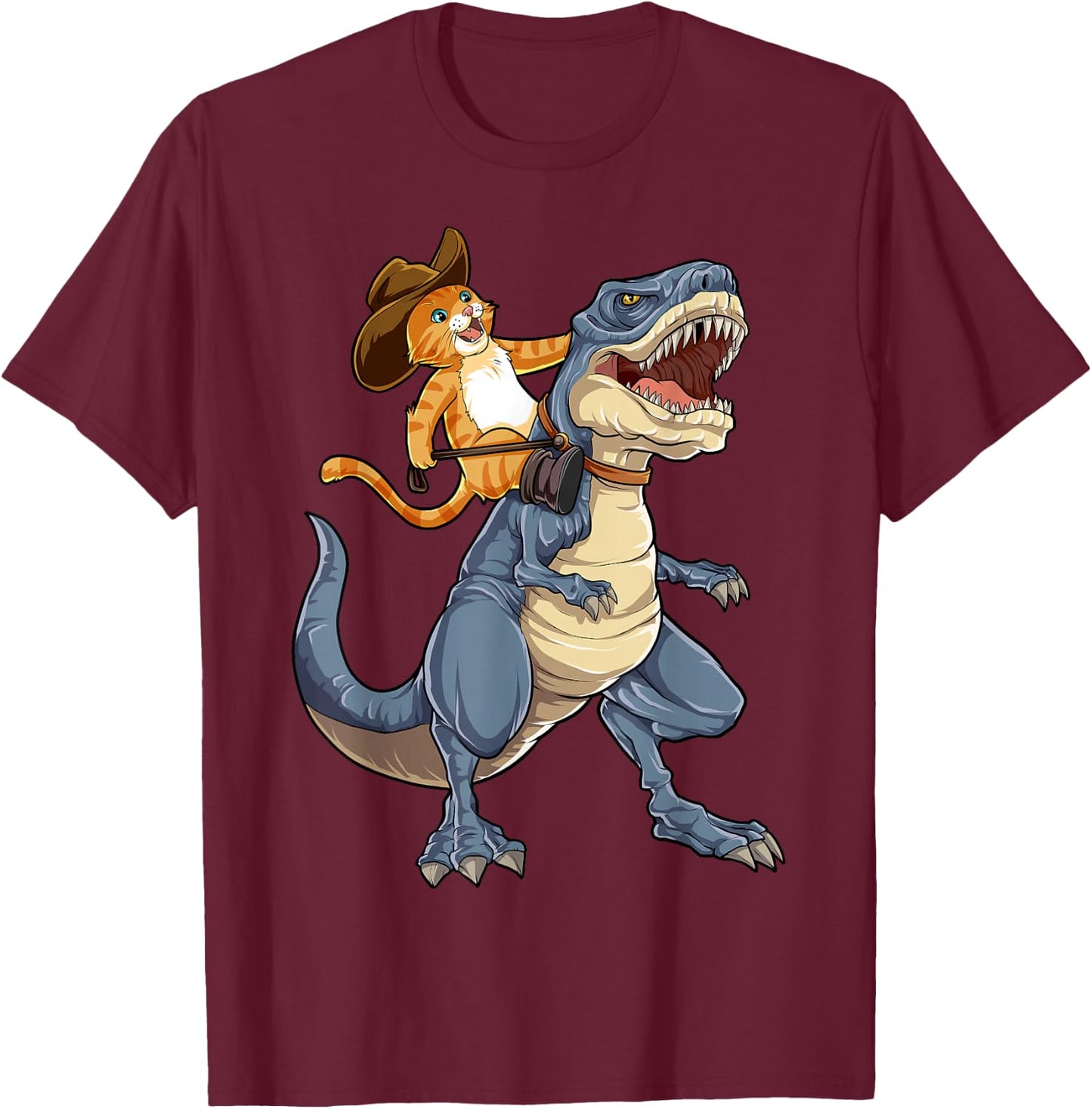 Feline Pawsitive Cat Co Kids Cat Riding Dinosaur T Rex Funny Purrassic Kitty Kitten Lover T-Shirt - T-Shirt | Maroon