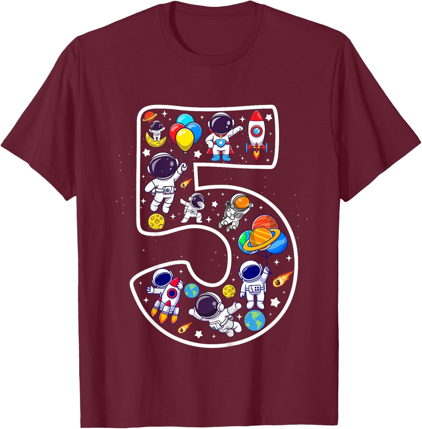 Kids 5 Year Old Boy Astronaut Space Birthday 5th Birthday Boys T-Shirt - T-Shirt | Maroon
