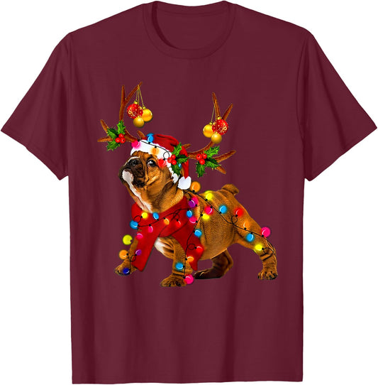 Santa bulldog gorgeous reindeer Light Christmas T-Shirt - T-Shirt | Maroon