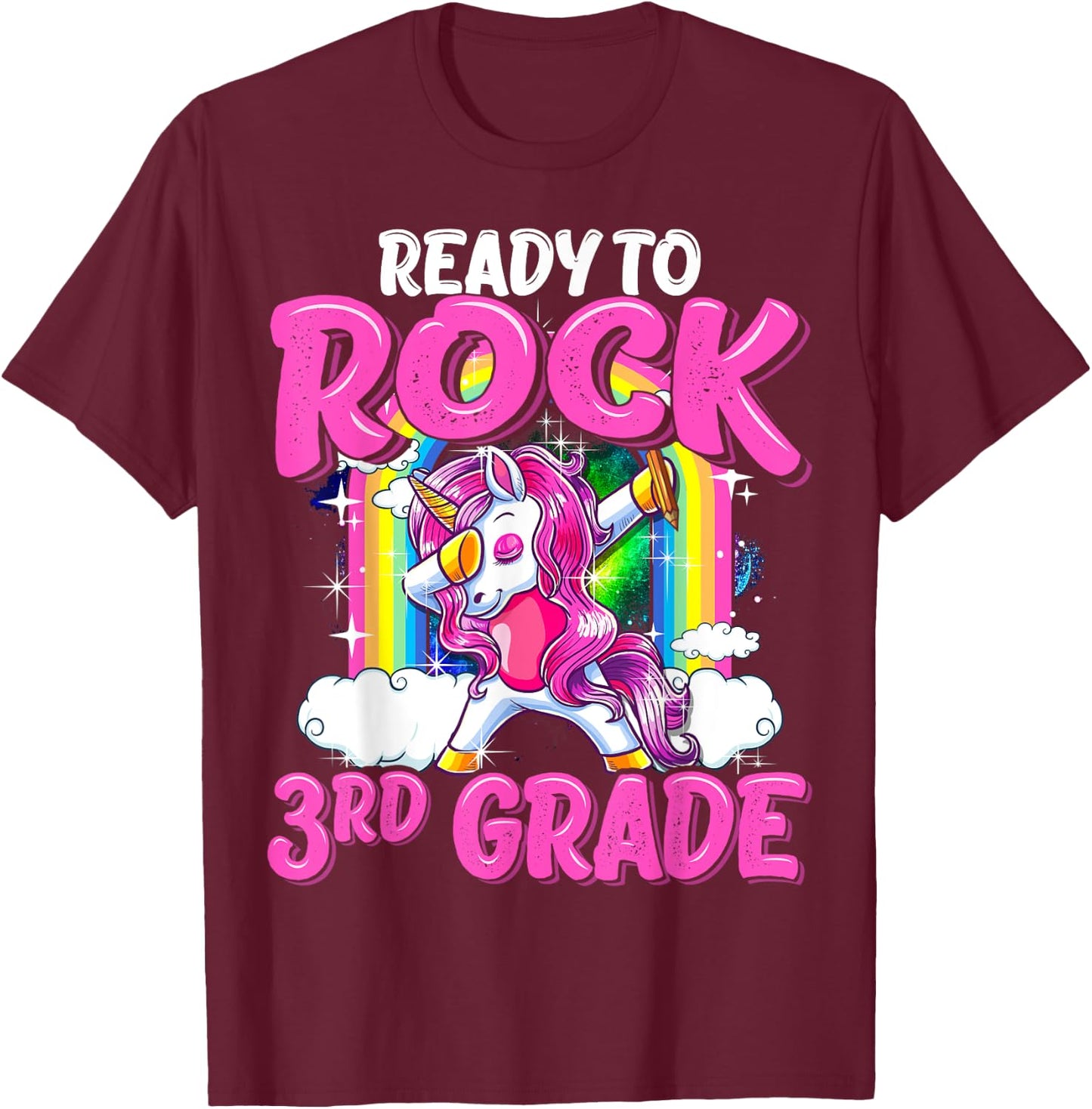 Ready To Rock 3rd Grade Dabbing Unicorn Back To School Girls T-Shirt - T-Shirt | Maroon