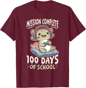 Funny Gamer Axolotl Kawaii Mission Complete 100 Days of T-Shirt - T-Shirt | Maroon
