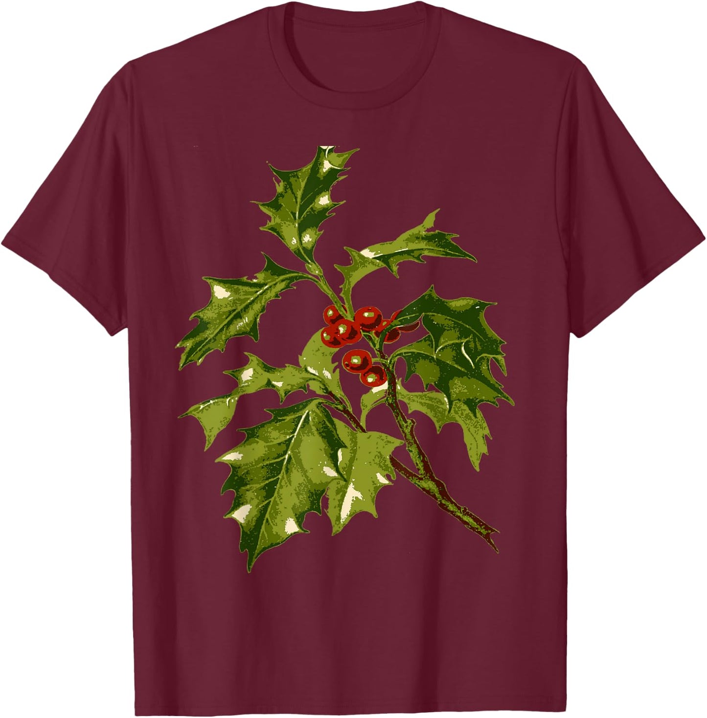 Holly Christmas Red Berry Botanical Art T-Shirt - T-Shirt | Maroon