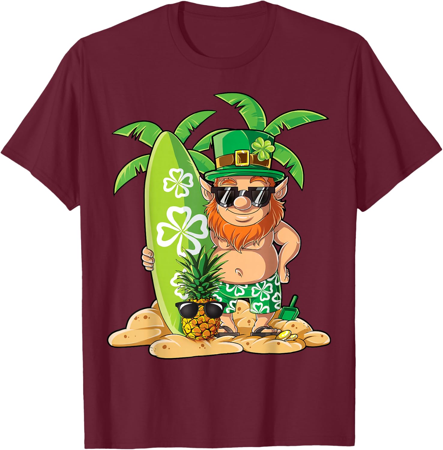 Leprechaun Hawaiian Surfing St Patricks Day Hawaii Men Women T-Shirt - T-Shirt | Maroon