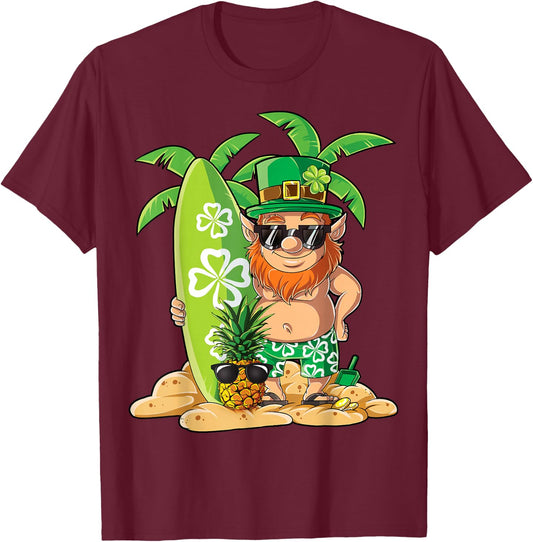 Leprechaun Hawaiian Surfing St Patricks Day Hawaii Men Women T-Shirt - T-Shirt | Maroon