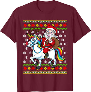 Santa Claus On Unicorn Ugly Christmas Holiday Kids Girls T-Shirt - T-Shirt | Maroon