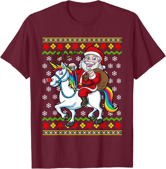 Santa Claus On Unicorn Ugly Christmas Holiday Kids Girls T-Shirt - T-Shirt | Maroon