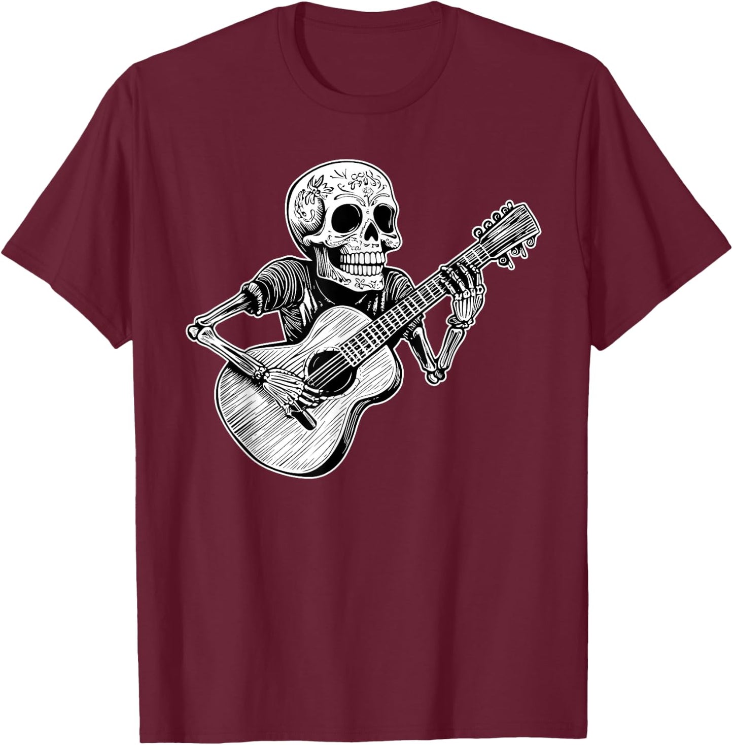 Calaca Guitarist Day of the Dead Design T-Shirt - T-Shirt | Maroon