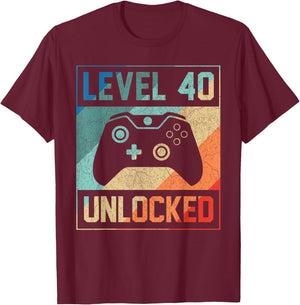 Level 40 Unlocked 40th Video Gamer 40th Birthday Men Shirt T-Shirt - T-Shirt | Maroon