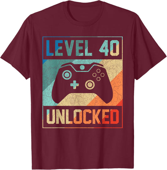 Level 40 Unlocked 40th Video Gamer 40th Birthday Men Shirt T-Shirt - T-Shirt | Maroon