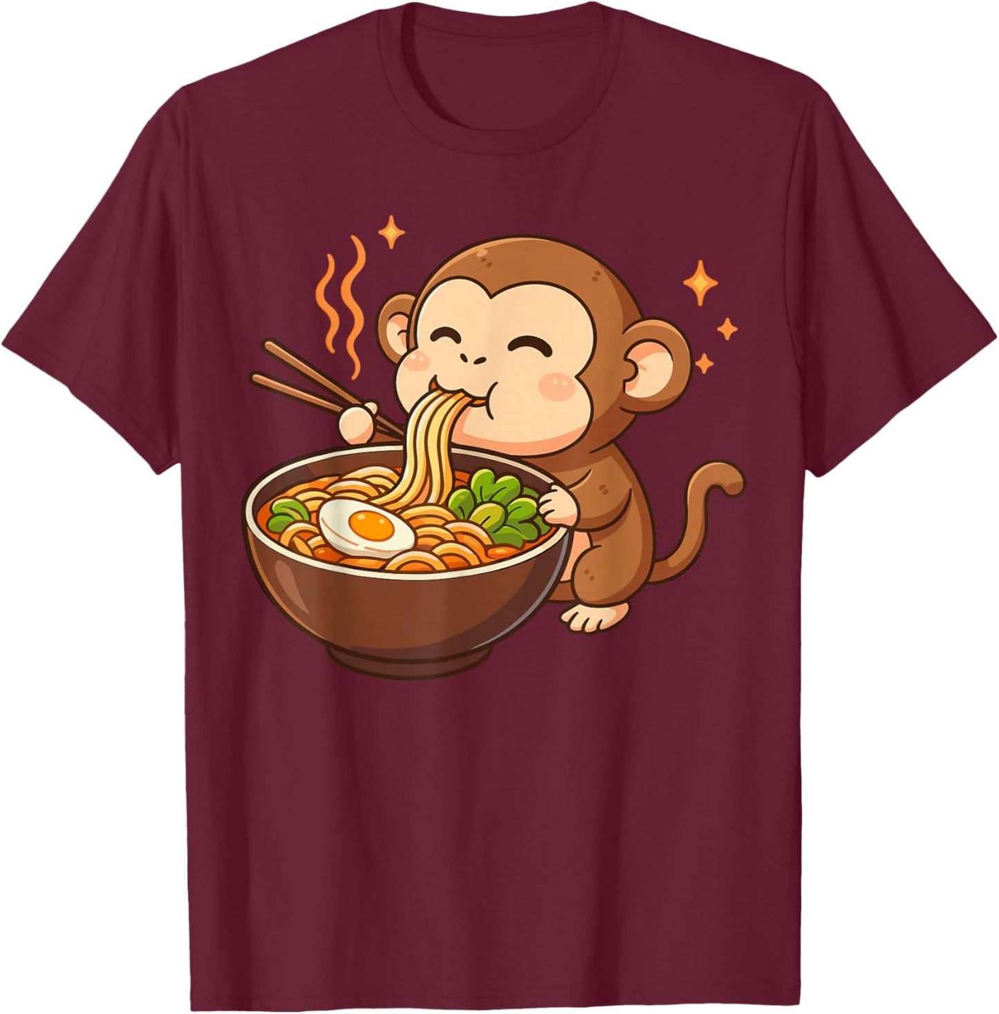 Monkey Eating Ramen Noodles T-Shirt - T-Shirt | Maroon