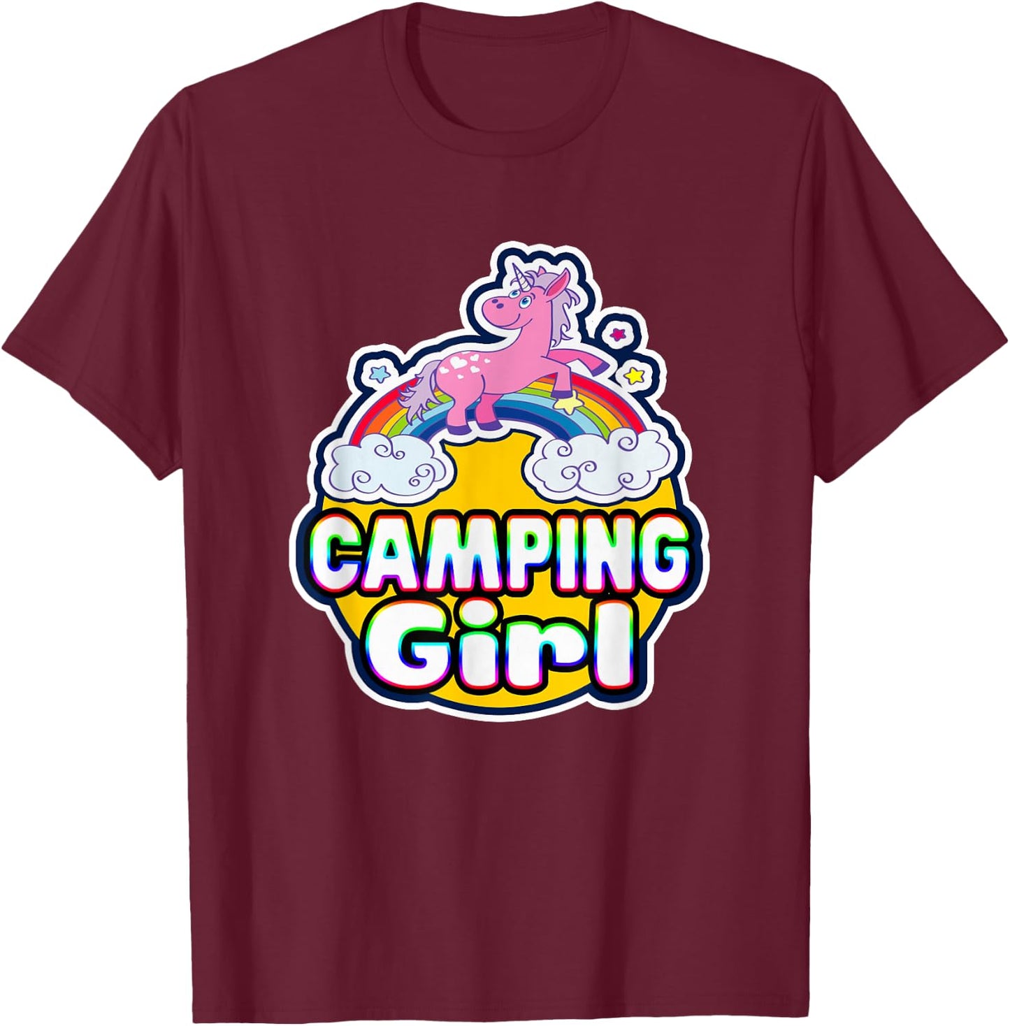 Camping Girl Cute Rainbow Unicorn Party Camper T-Shirt - T-Shirt | Maroon