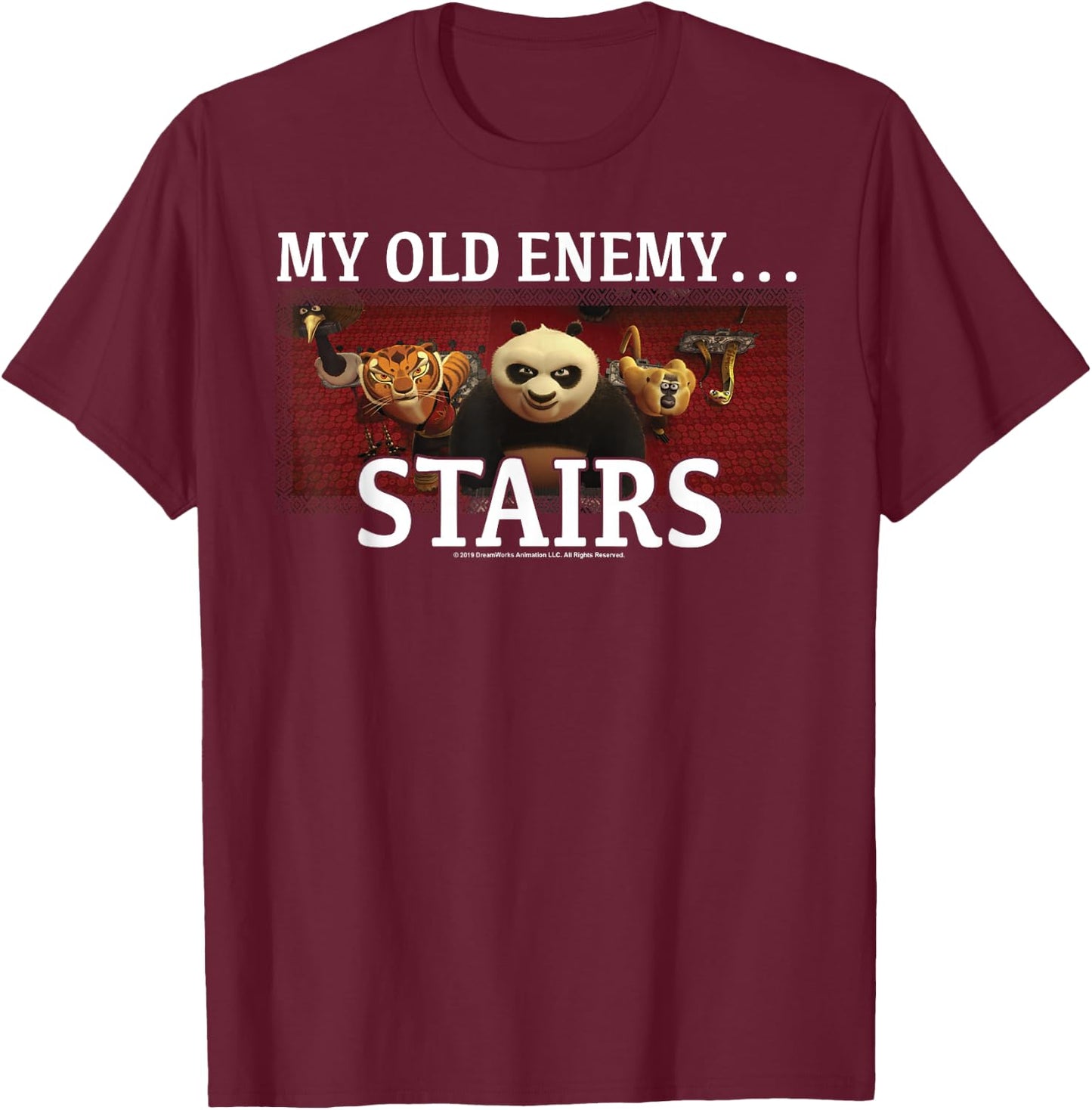 Kung Fu Panda My Old Enemy...Stairs Group Shot Portrait T-Shirt - T-Shirt | Maroon