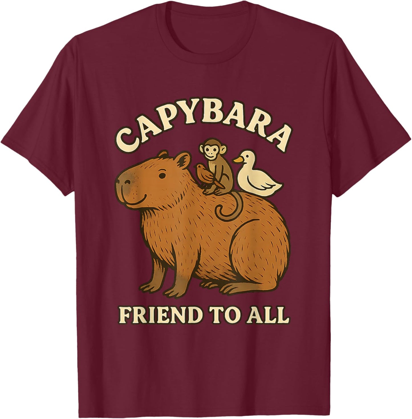 Funny Capybara Friend to All Cute Retro Animal Lover Meme T-Shirt - T-Shirt | Maroon