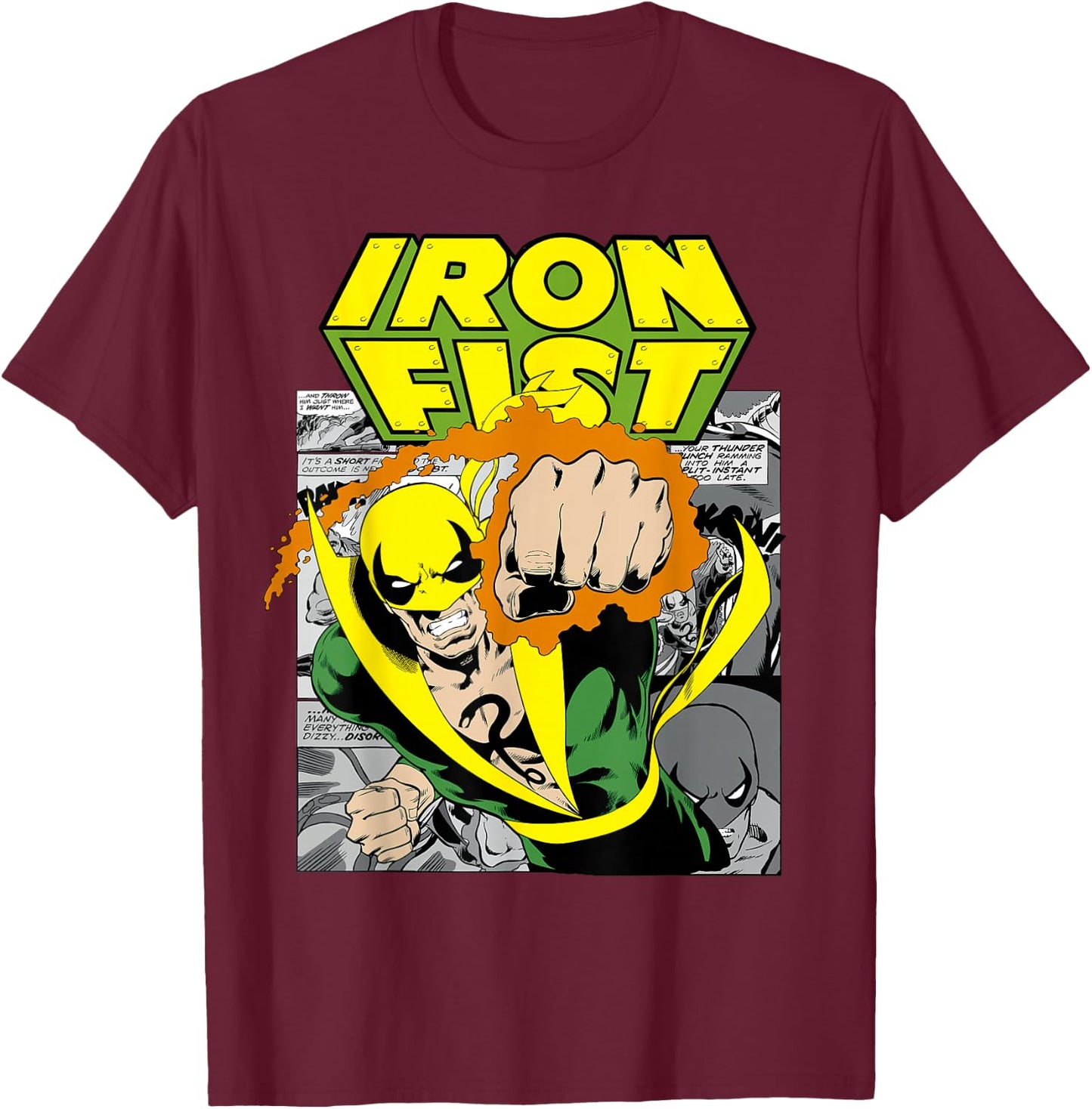 Marvel Iron Fist Retro Comic Panel Art Punch Graphic T-Shirt - T-Shirt | Maroon