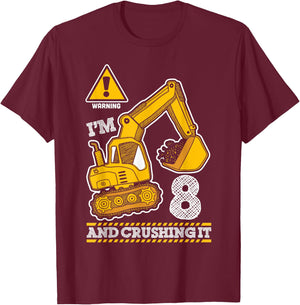 Construction Truck 8th Birthday 8 Years Old Digger Builder T-Shirt - T-Shirt | Maroon