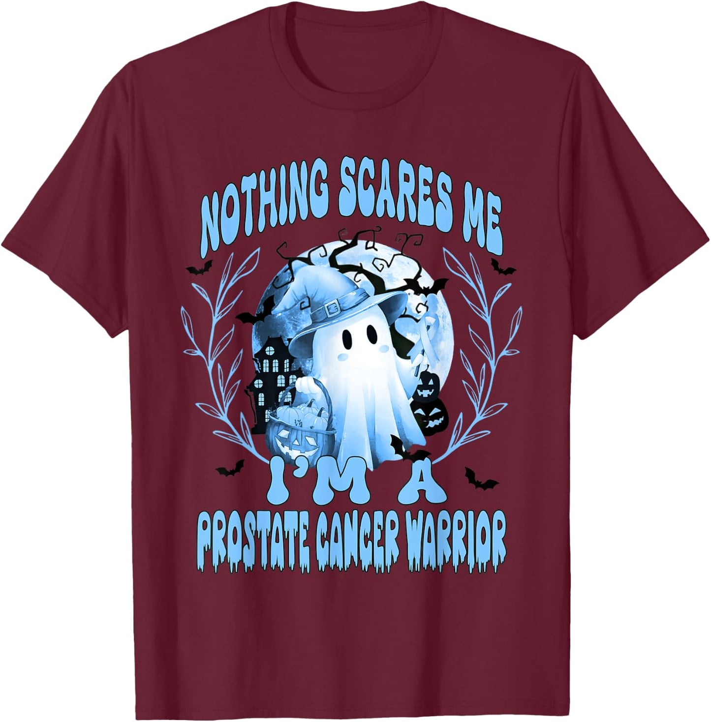 Halloween Prostate Cancer Nothing Scares Me Boo Blue Ribbon T-Shirt - T-Shirt | Maroon