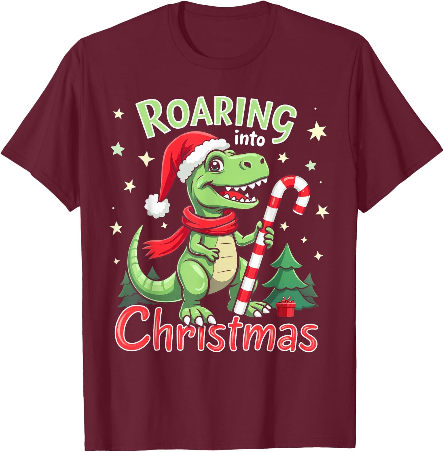 Roaring into Christmas T-Rex Santa Hat & Candy Cane Holiday T-Shirt - T-Shirt | Maroon