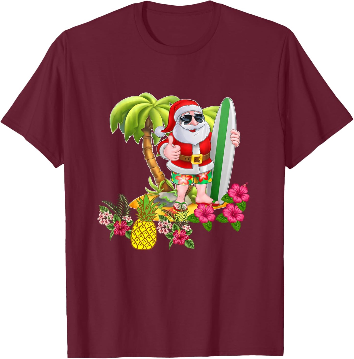 Christmas in July Santa Hawaiian Surfing T Shirt Summer Surf Men Women Kids T-Shirt - T-Shirt | Maroon