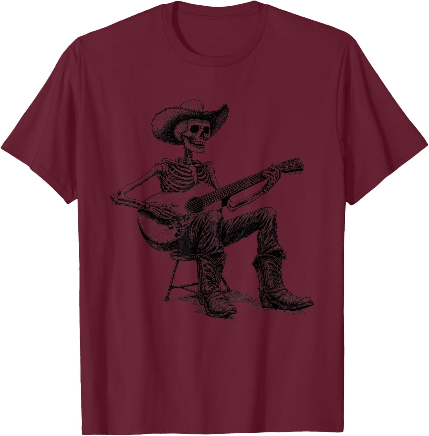 Vintage Western Cowboy Skeleton Playing Guitar Country Music T-Shirt - T-Shirt | Maroon