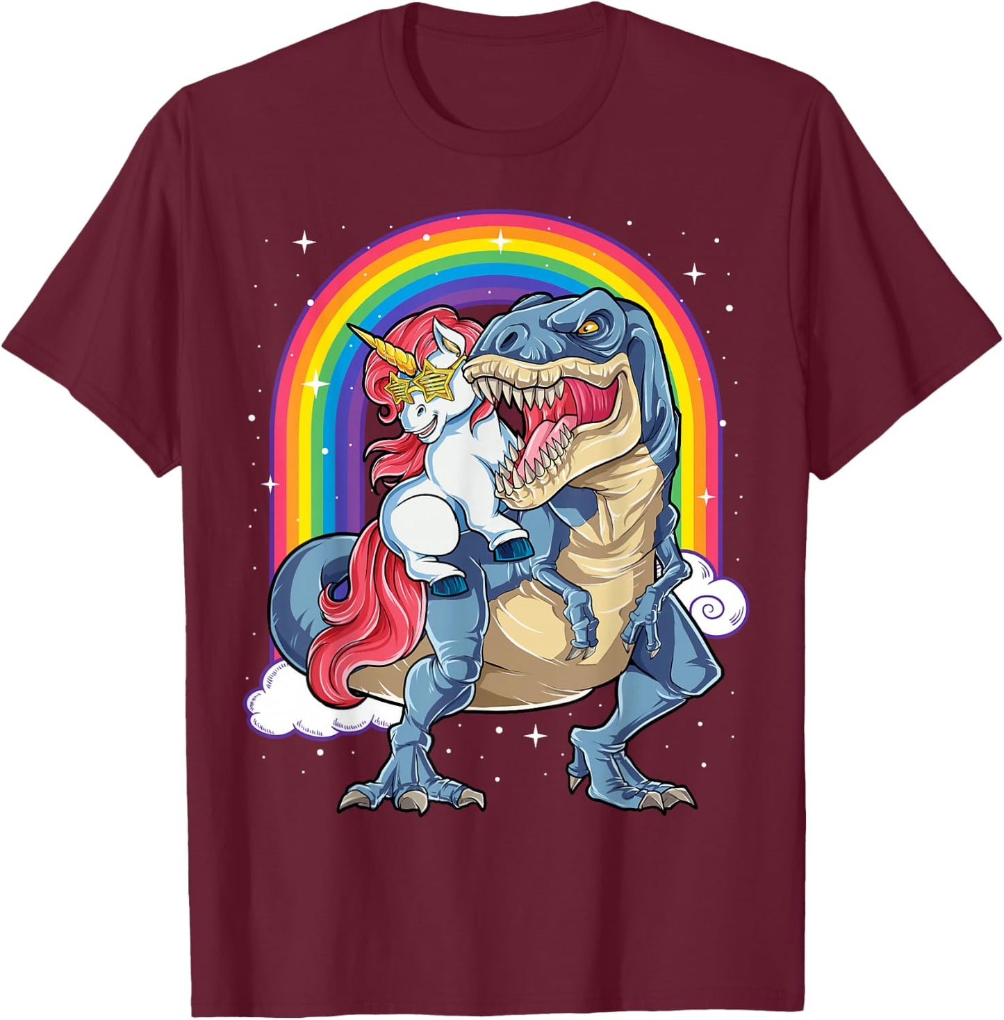 Unicorn Riding T rex Dinosaur Boys Girls Men Women Rainbow T-Shirt - T-Shirt | Maroon