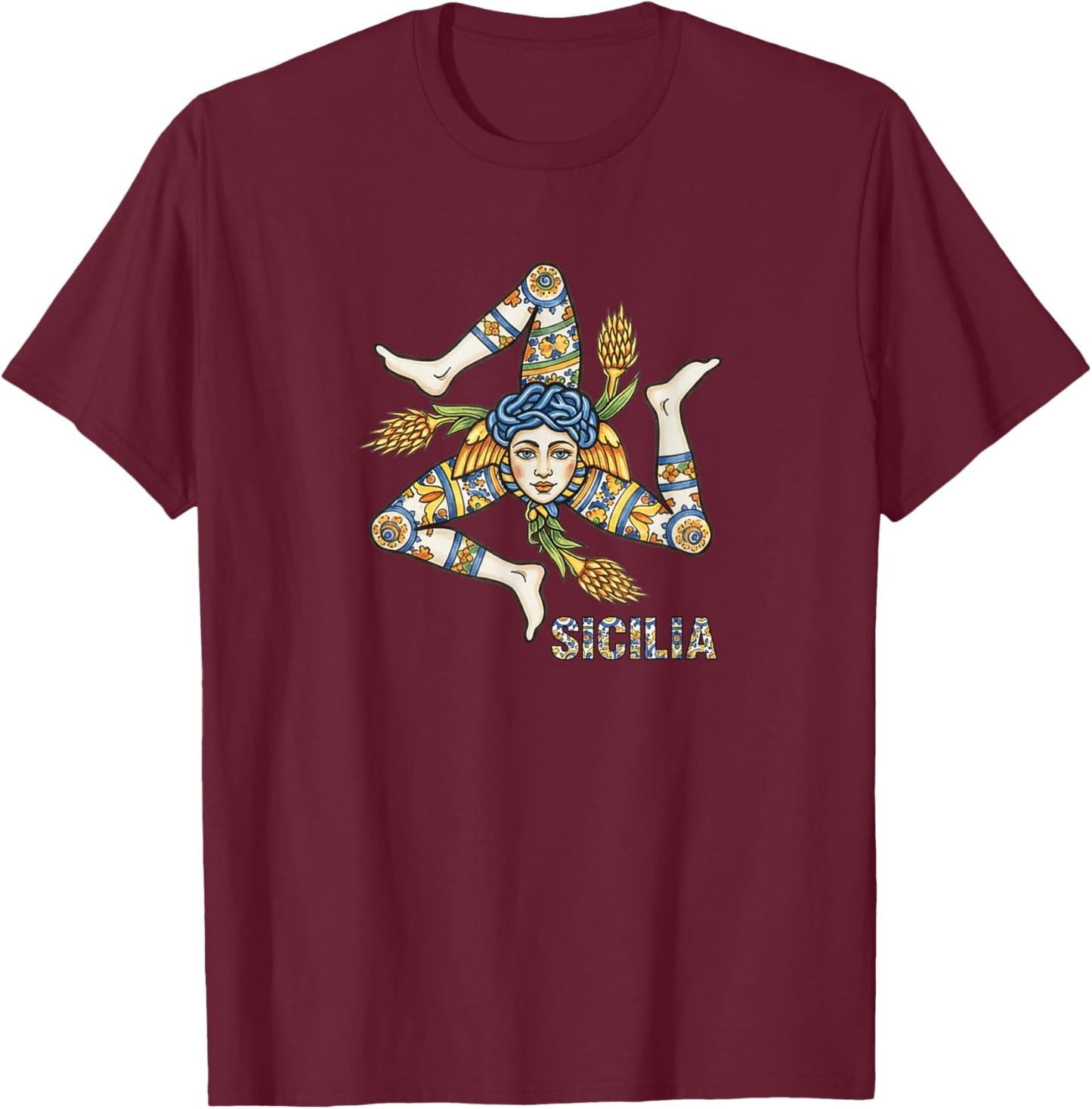 Sicilian Trinacria Emblem, Italian Majolica Sicily Pride T-Shirt - T-Shirt | Maroon
