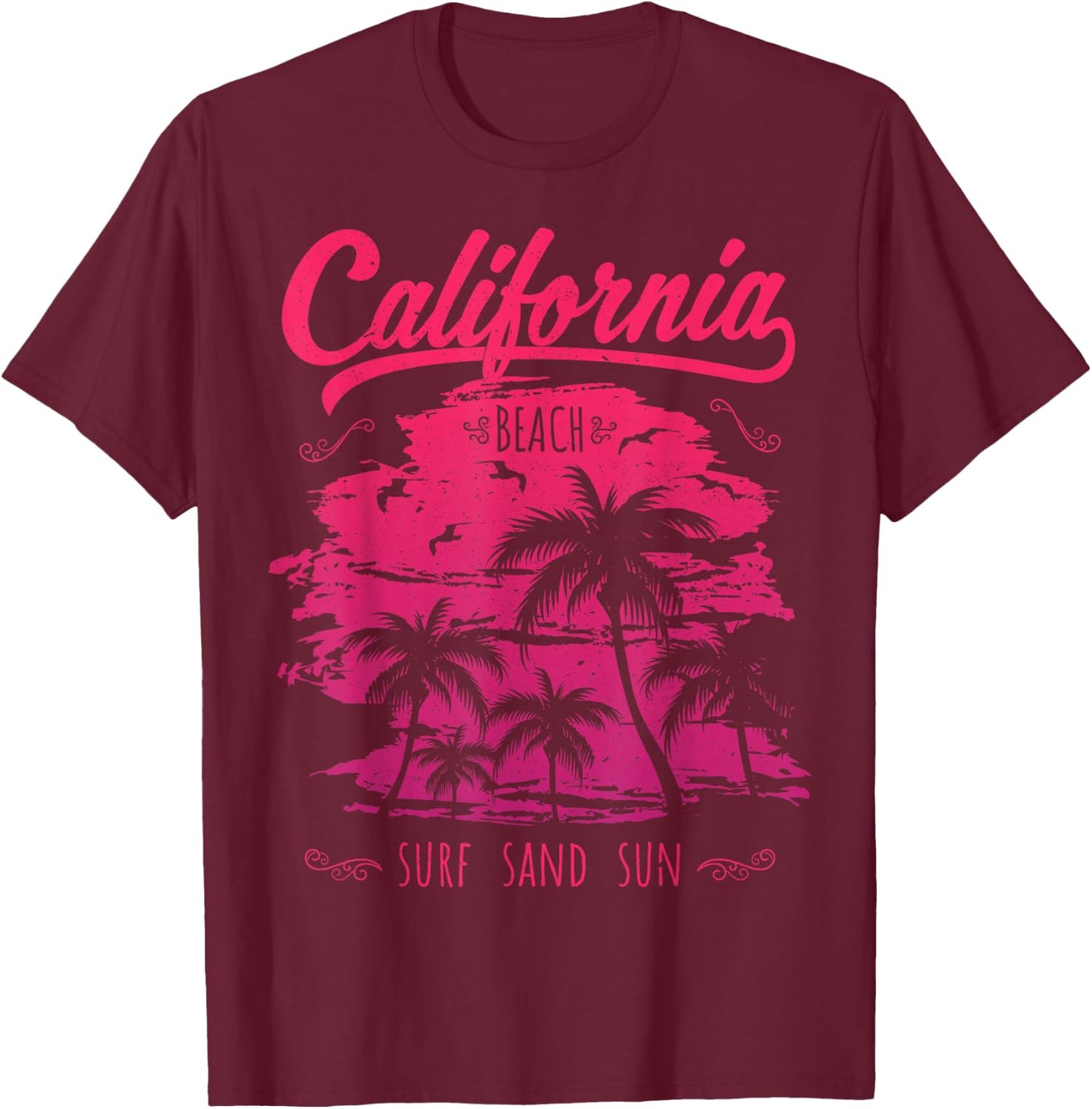 California CA Retro 70's Vintage Skyline Surf Shirt T-Shirt - T-Shirt | Maroon
