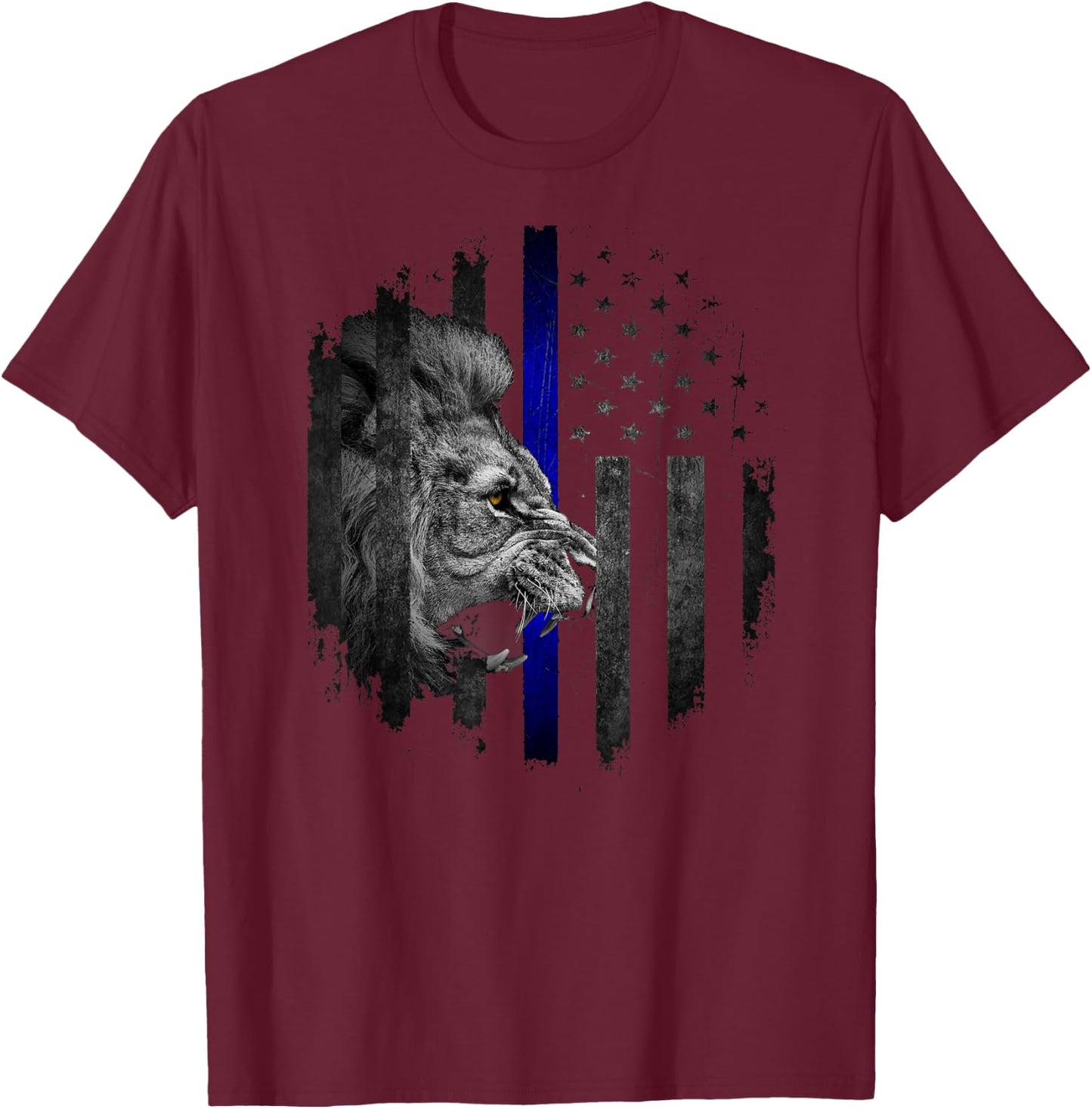 Thin Blue Line Distressed Police Powerful Lion Warrior Shirt T-Shirt - T-Shirt | Maroon