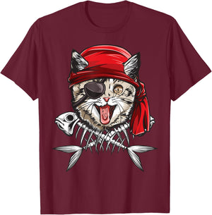 Cat Pirate Boys Men Jolly Roger Flag Skull And Crossbones T-Shirt - T-Shirt | Maroon